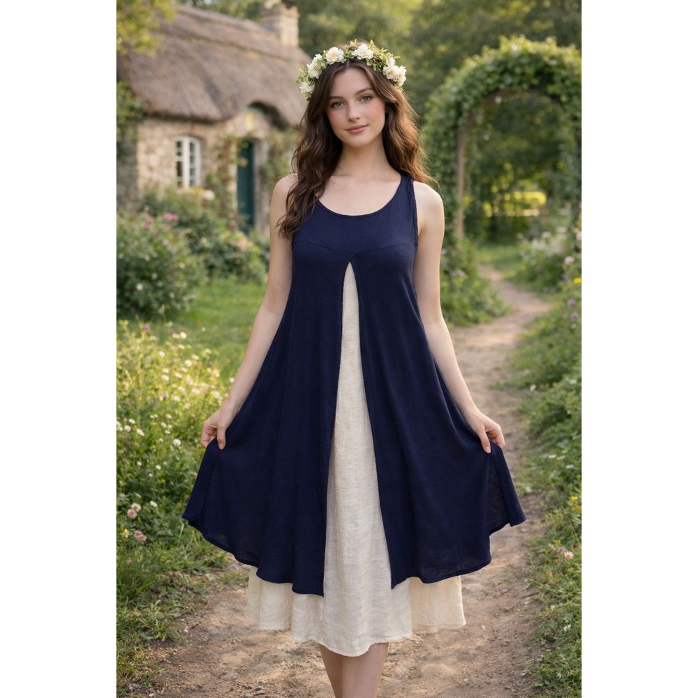 Ya Wei Women Vintage Navy & Cream‎ Layered Sleeveless Relaxed Fit Midi Dress M